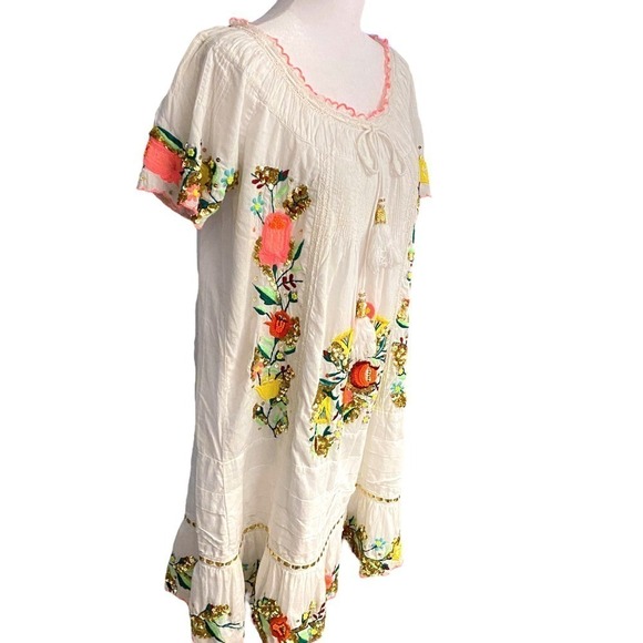 Las Noches IBIZA by Eric & Jack Womens Cream Floral Peasant Tunic Dress Medium - Picture 3 of 12
